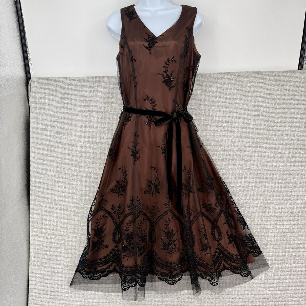 Vtg Dress Midi Gown 8P Brown Y2K Fairy Floral Bead 90S Nymph Lace sheer Prom‎